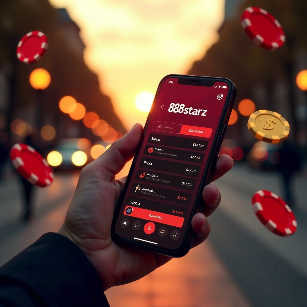 A premium smartphone in a hand with the 888starz app interface, background featuring a blurred Gran Vía in Madrid at sunset, 3D flying gold coins and red poker chips, brand colors red and black, hyper-realistic, 8k.